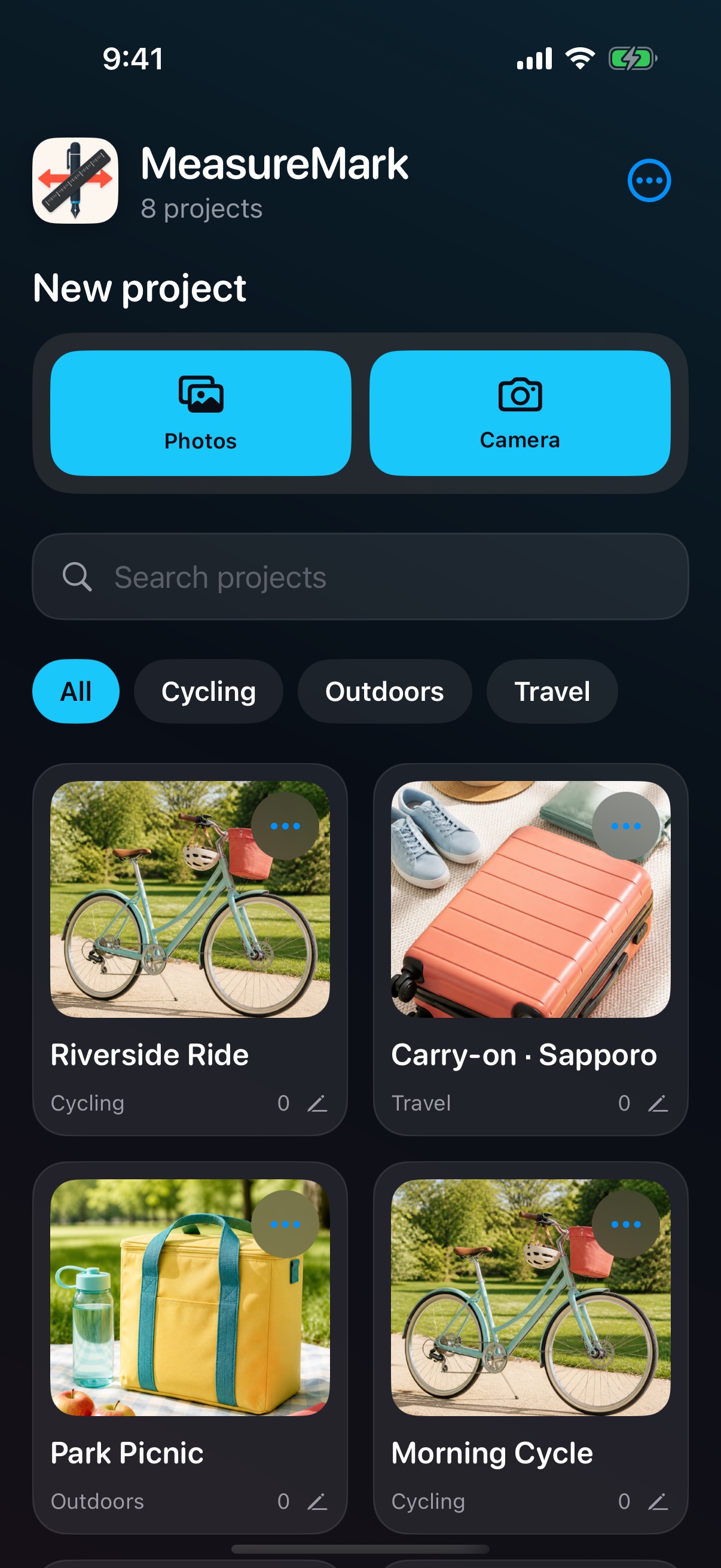MeasureMark project library with travel, cycling, and outdoor projects
