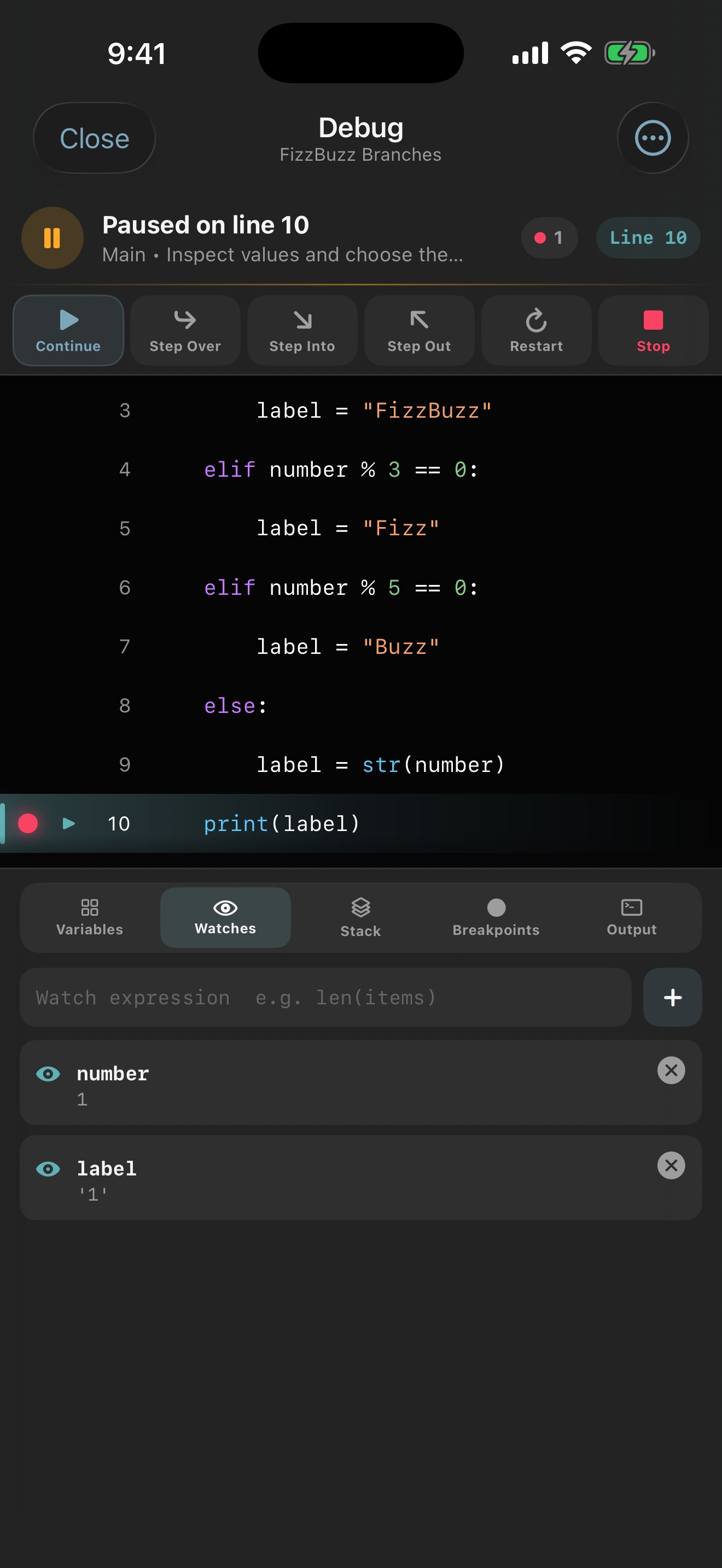 Python debugger in Dark appearance